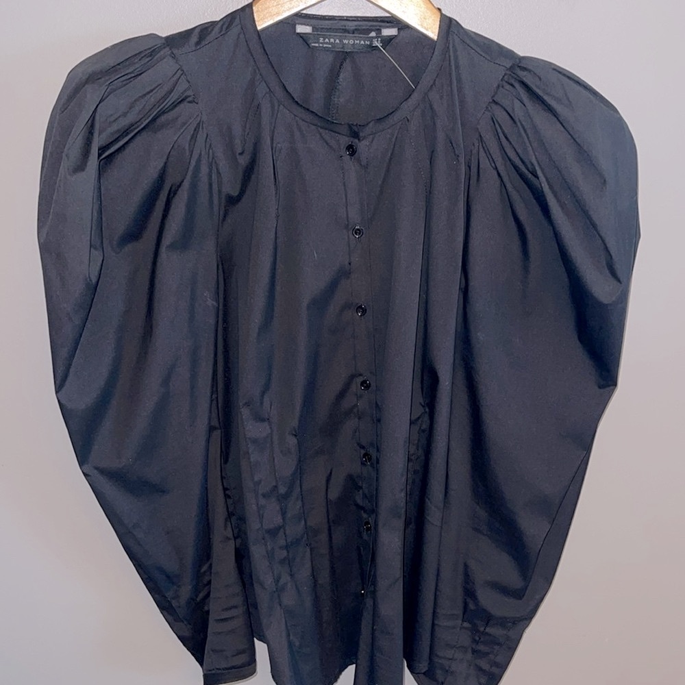 Zara Black Puff-Sleeve Button-Down Shirt